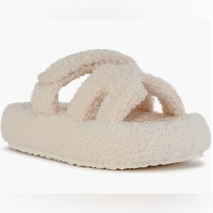 Azalea Wang Faux Shearling Cozy Cream Fuzzy Platform Slide Sandal-Size 10